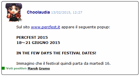 Sul sito www.percfest.it appare il seguente popup: PERCFEST 2015 18~21 GIUGNO 2015. IN THE FEW DAYS THE FESTIVAL DATES!