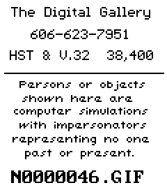 The Digital Gallery BBS, 606-623-7951. Persons or objects shown here are computer simulations with impersonators representing no one past or present
